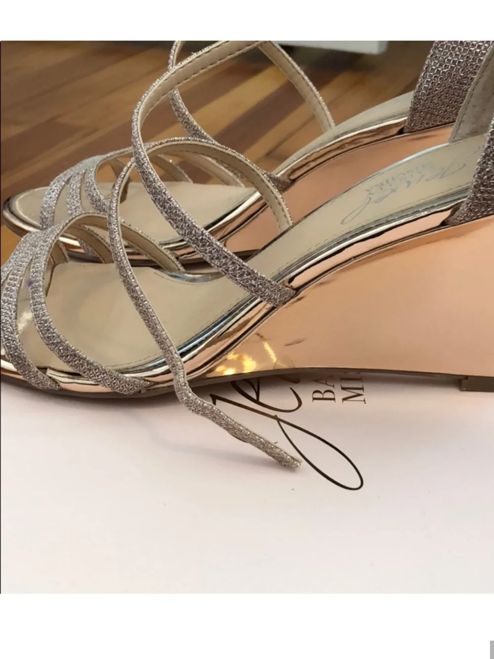 Badgley Mischka Rose Gold Glitter Wedge Sandals